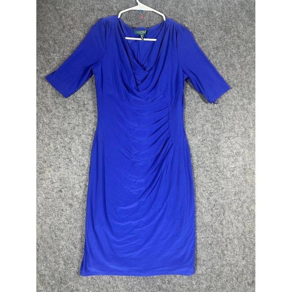 Lauren Ralph Lauren Womens 10 Royal Blue Cowl Neck Ruched Sheath Dress